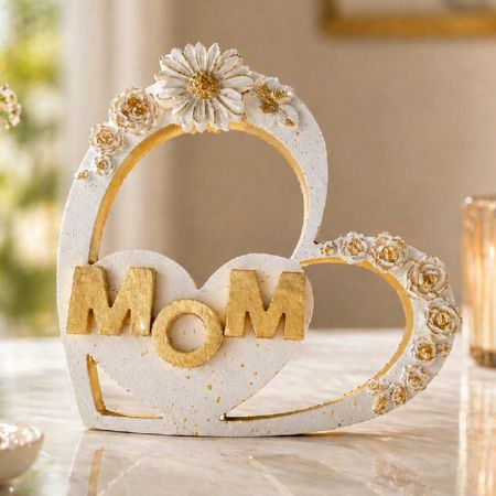 Handcrafted Mom Heart Shaped Wooden Table Decor with Ceramic Art